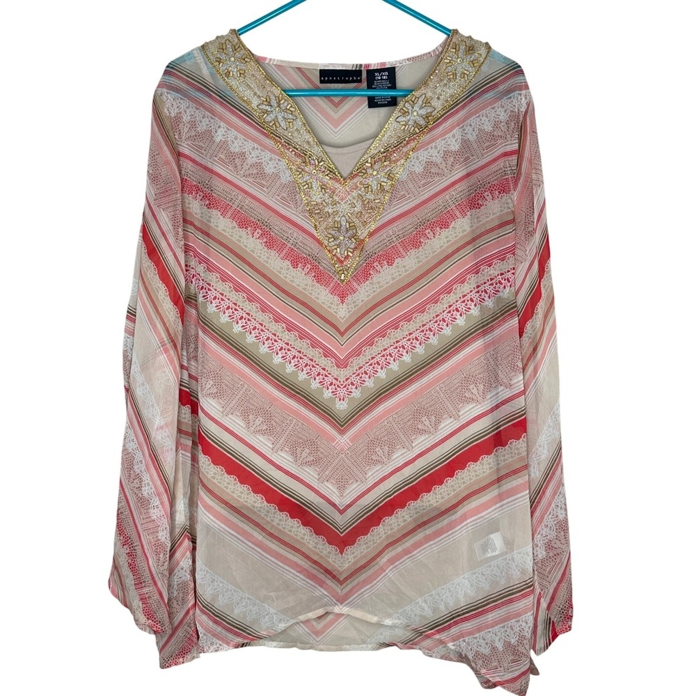 Apostrophe NWT Embellished Sheer Tunic Top Women's XL Beaded Neck boho Fairycore